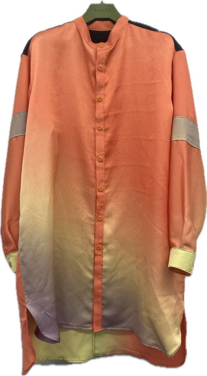 新品 着物リメイク 長袖ロングアロハシャツ 和柄 シャツワンピース XL〜3L絹 シルク 派手 舞台衣装 ユニセックス オレンジ 4L拍卖