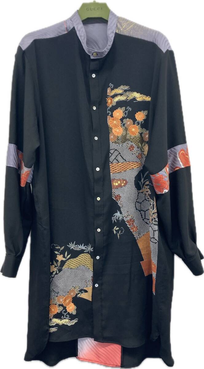 新品 着物リメイク 長袖ロングアロハシャツ 和柄 シャツワンピース XL〜3L絹 シルク 派手 舞台衣装 ユニセックス レディース 拍卖