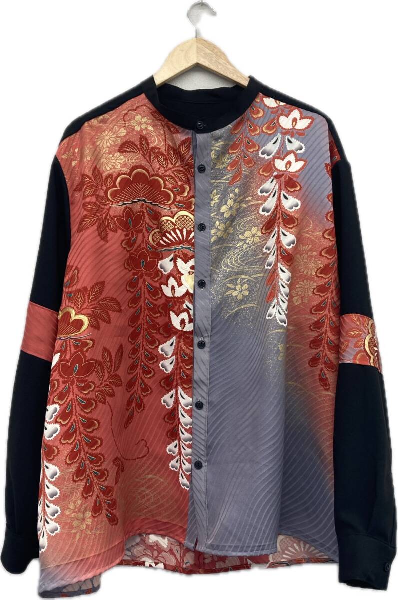 新品 着物リメイク 長袖アロハシャツ 和柄 3L絹 シルク 派手 舞台衣装 金蘭 マオカラー XL 4L 5L拍卖