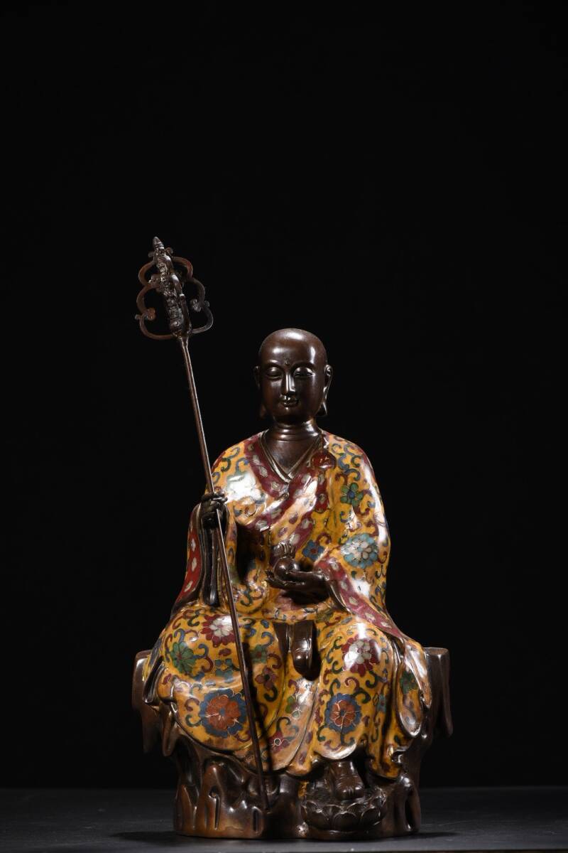 早期收集 古銅胎景泰藍彫 地藏王 仏像 宗教 仏教古美術 稀少珍品 文案置物 古擺件 時代物 古董品 骨董 旧家蔵出 唐物 中国古玩 古美術品拍卖