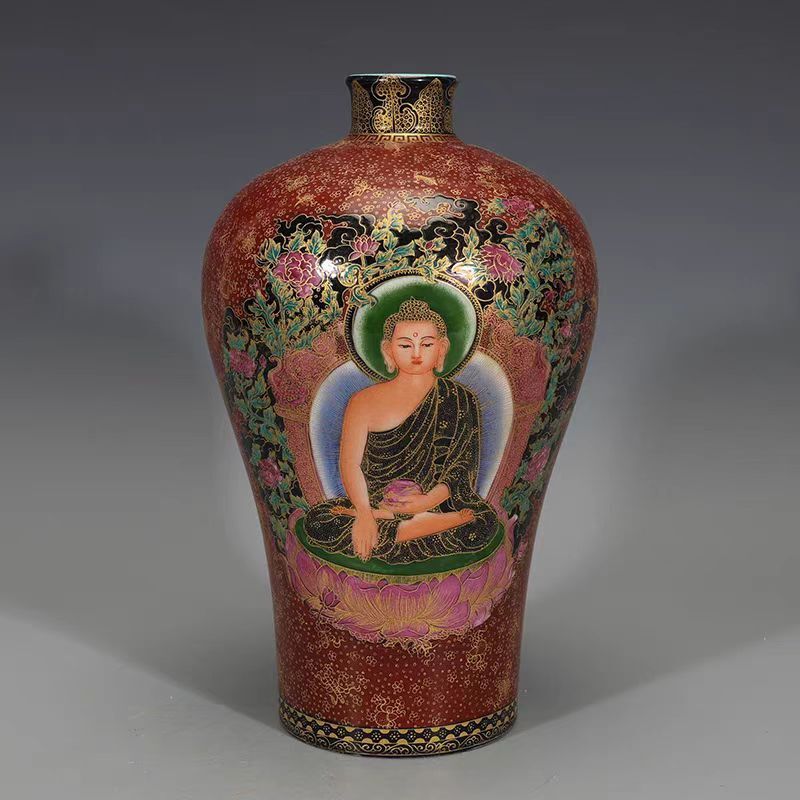 清時代 雍正年製款 古陶磁器 琺瑯彩 描金 仏 仏像 宗教 梅瓶 置物 古擺件 時代物 古董品 骨董 旧家蔵出 唐物 中国古玩 古美術品拍卖