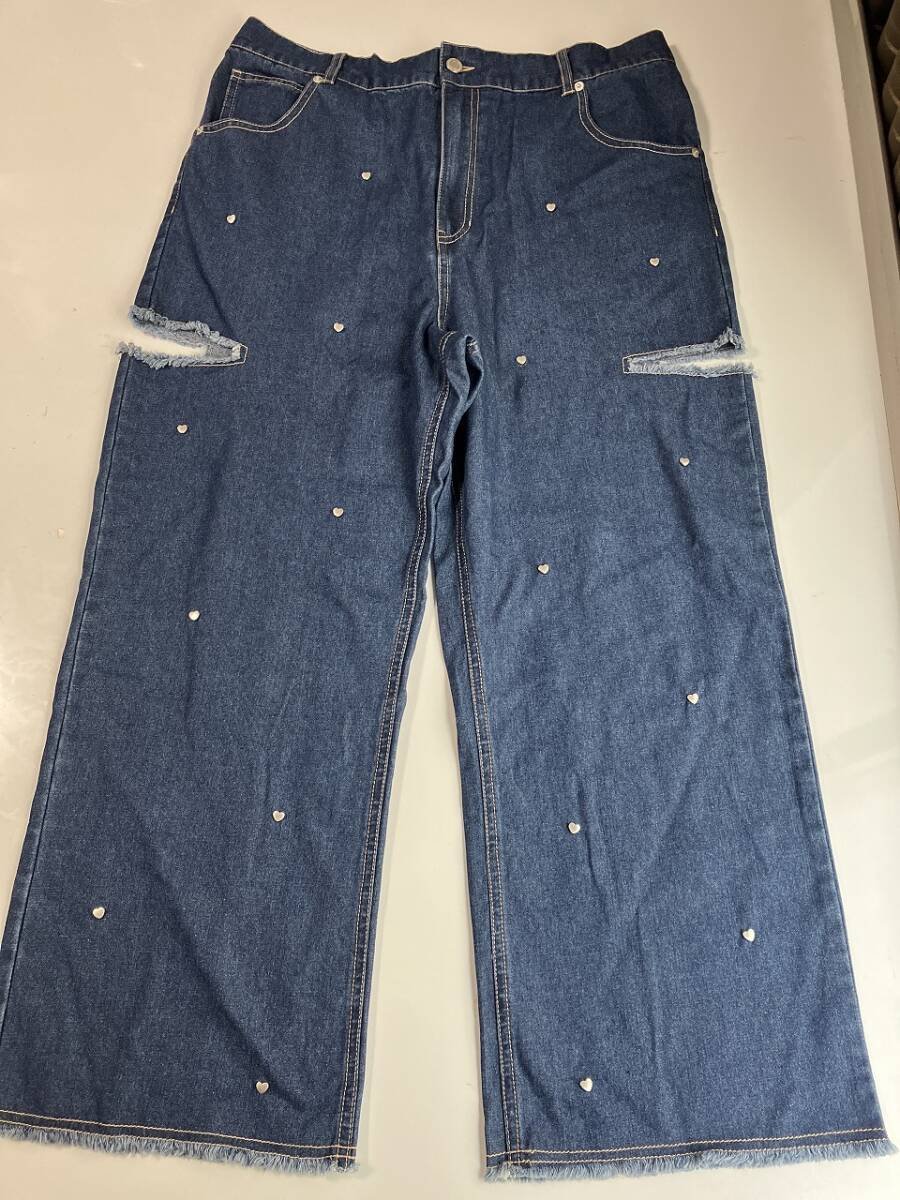 訳あり■大きいサイズ4L■サイドスリットハートビンテージ加工ワイドデニムパンツ■インディゴ拍卖
