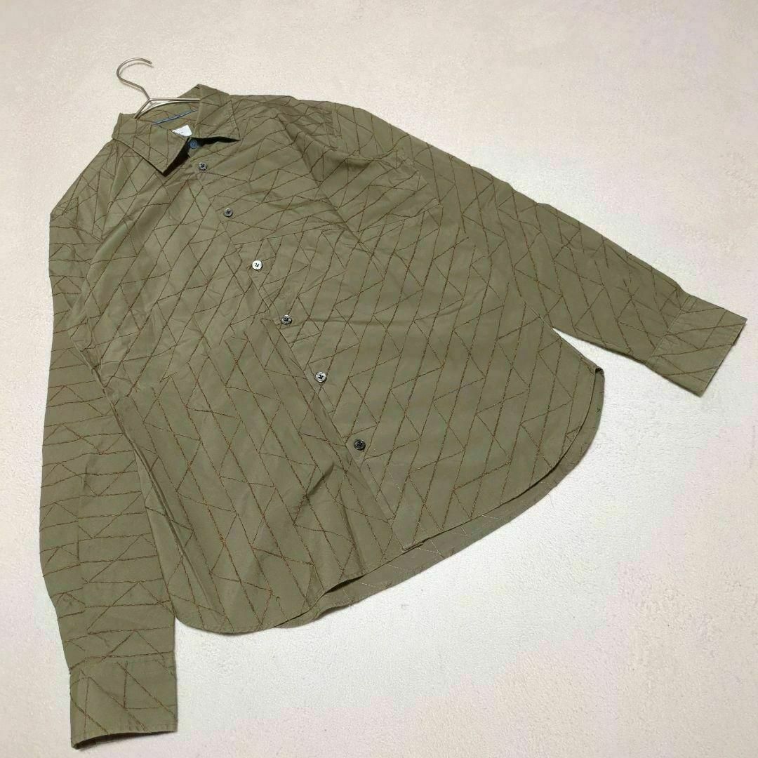 【LANVIN en Bleu】ランバンオンブルー(46)総柄 刺繍 シャツ カーキ系 コットン拍卖