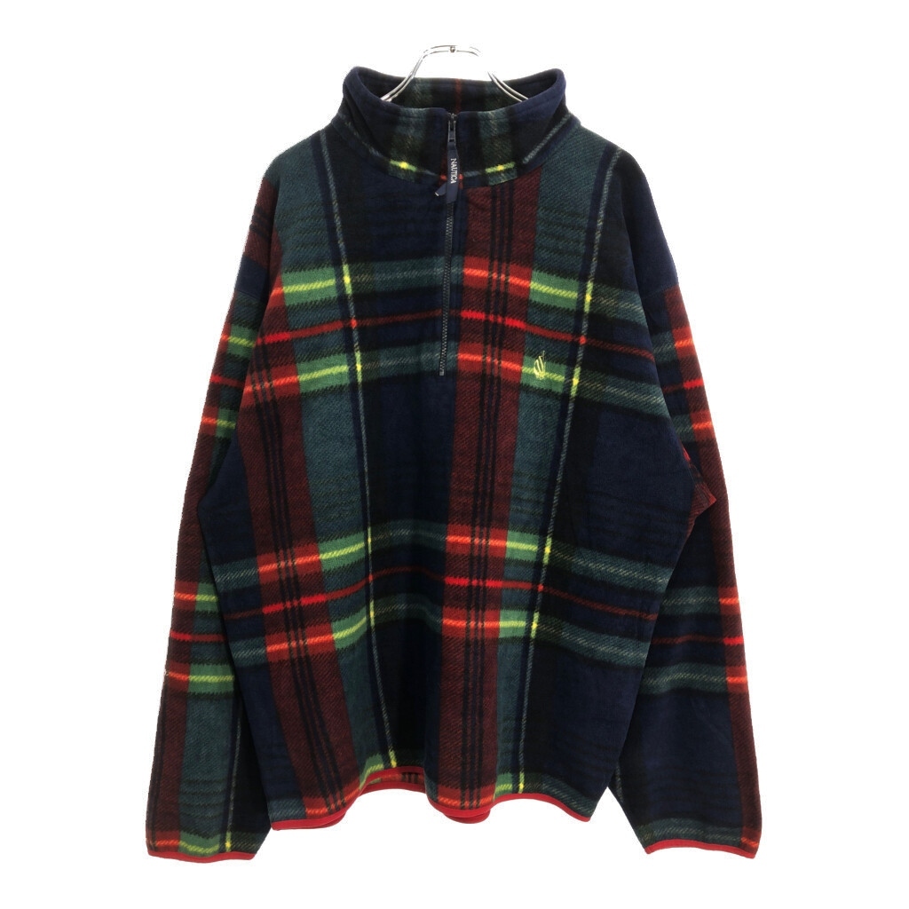 90年代 USA製 NAUTICA ノーティカ ハーフジップ フリースジャケット チェック マルチカラー(メンズ XL)中古 古着 U3922拍卖
