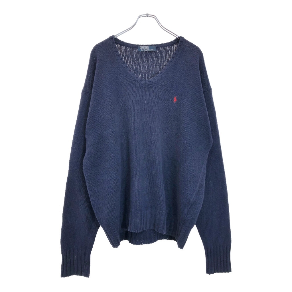 90年代 Polo by Ralph Lauren ポロ ラルフローレン Vネック コットン ニット セーター 大きいサイズ(メンズ XXL相当)中古 古着 U5678拍卖
