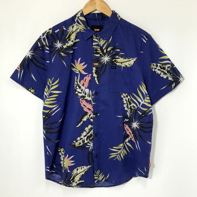 GLOBE アロハシャツ 半袖 シャツ 総柄 ボタンダウンシャツ コットン カジュアル 古着 メンズ Sサイズ ブルー トップス A14207◆拍卖