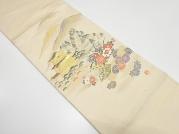 ys7409435; 宗sou 金糸 金閣寺に草花模様織り出し 袋帯【着】拍卖