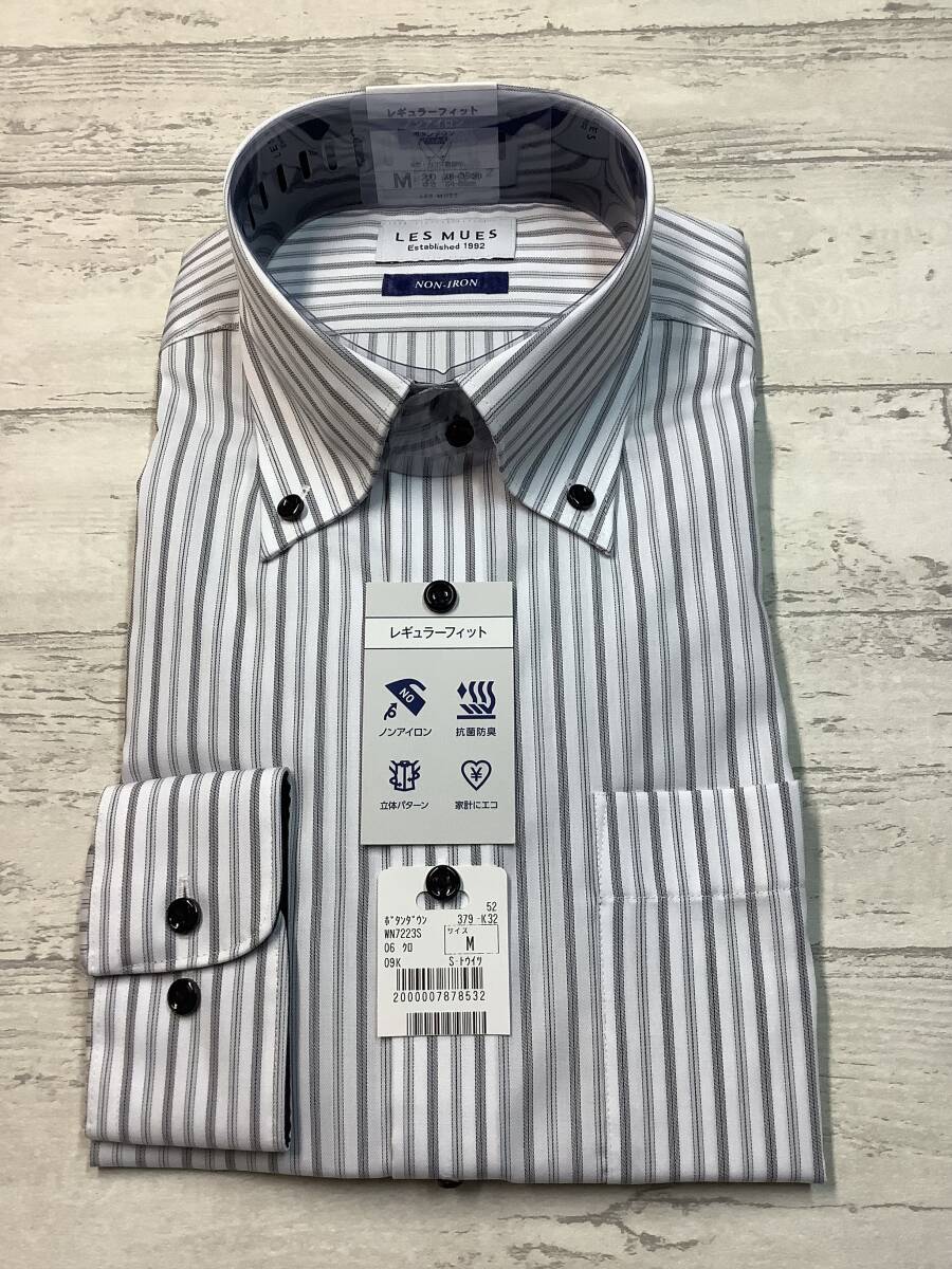 新品未使用 ★39-86 長袖Mサイズ ★ボタンダウンドレスシャツ ノンアイロン 綿ポリ ストレッチ素材  ★黒グレーストライプ柄拍卖