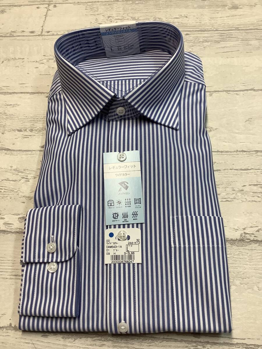 新品未使用★41-86長袖Lサイズ ★ブルーストライプ柄 ワイドカラードレスシャツ 定価4,990円スーパーストレッチ ノンアイロン拍卖