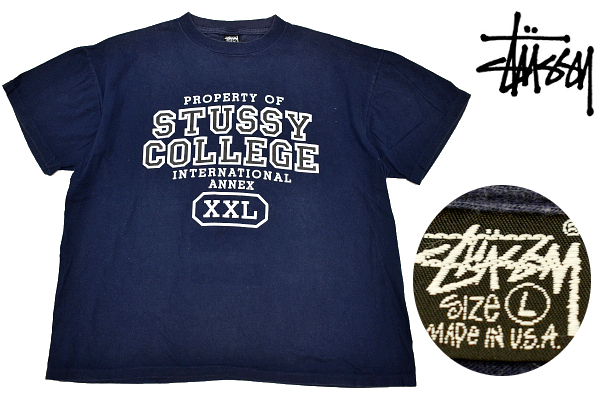 Y-8239★送料無料★OLD STUSSY オールド ステューシー★黒タグ 80s アメリカ USA製 ヴィンテージ ネイビー紺 半袖 カレッジ T-シャツ L 拍卖