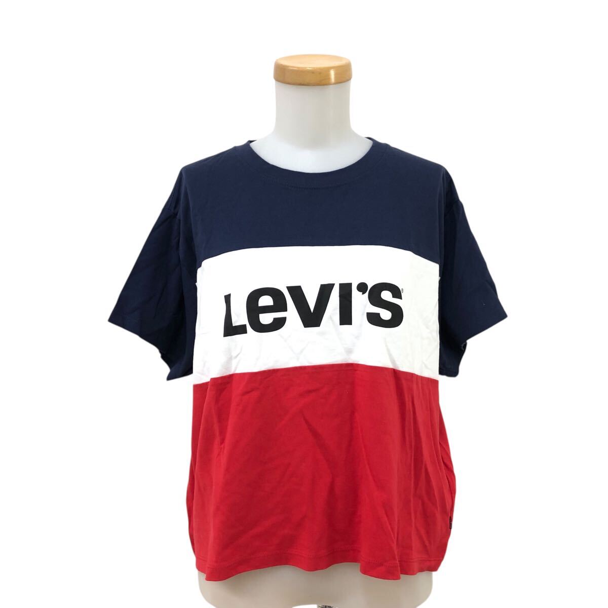 Nm309-42 Levi's リーバイス ロゴ プリント 半袖 ワイド Tシャツ シャツ カットソー トップス トリコロール ネイビー 白 赤 レディース S拍卖