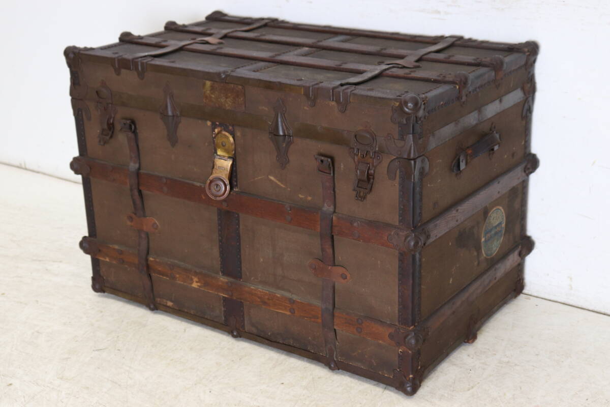 【超希少!USA製ヴィンテージ】Yaleロック×キャンバス×ビロード張替済み|1900年代前半 アンティークトランク/ローテーブル/店舗什器拍卖