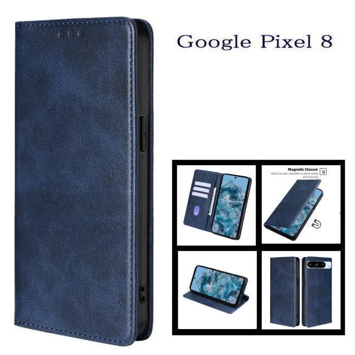 Google Pixel8  レザー手帳型ケース ブルー拍卖