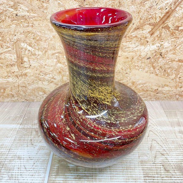 送料無料◆ ガラス 花瓶 ◆ 花瓶 花器 フラワーベース オブジェ 赤 金 金彩 中古品ランクA(やや傷・汚れあり) アンティーク拍卖