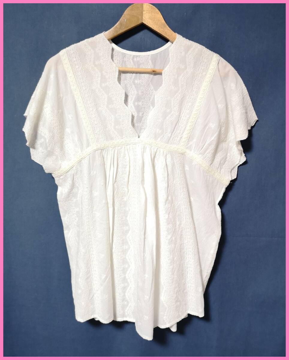 BLS‐380夏☆サンプル品☆送料込み☆即決☆ナチュラル☆薄手のインド綿☆M~L☆ブラウス☆オフホワイト☆透け感有り☆レース☆刺繍拍卖