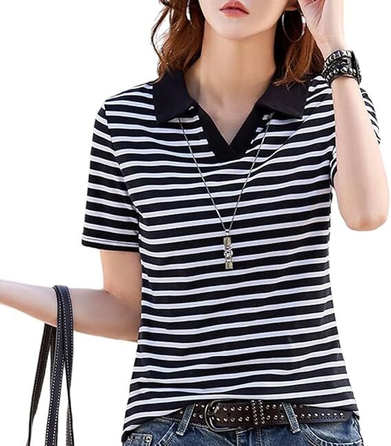 ポロシャツ レディース 半袖 夏 ボーダー 綿 L拍卖