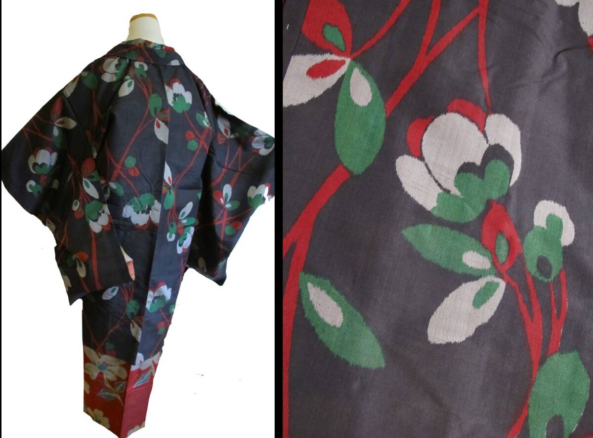 レトロポップ メルヘン 黒 枝花 アンティーク銘仙長羽織拍卖