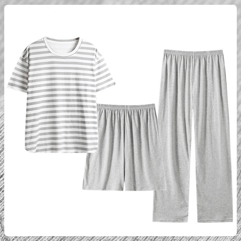 新入荷パジャマ メンズ レディース3点セット (半袖tシャツ+半パンツ+長パンツ) 春夏秋半袖丸首ルームウェア男性用 女性用2色/M~3XL選択/1点拍卖