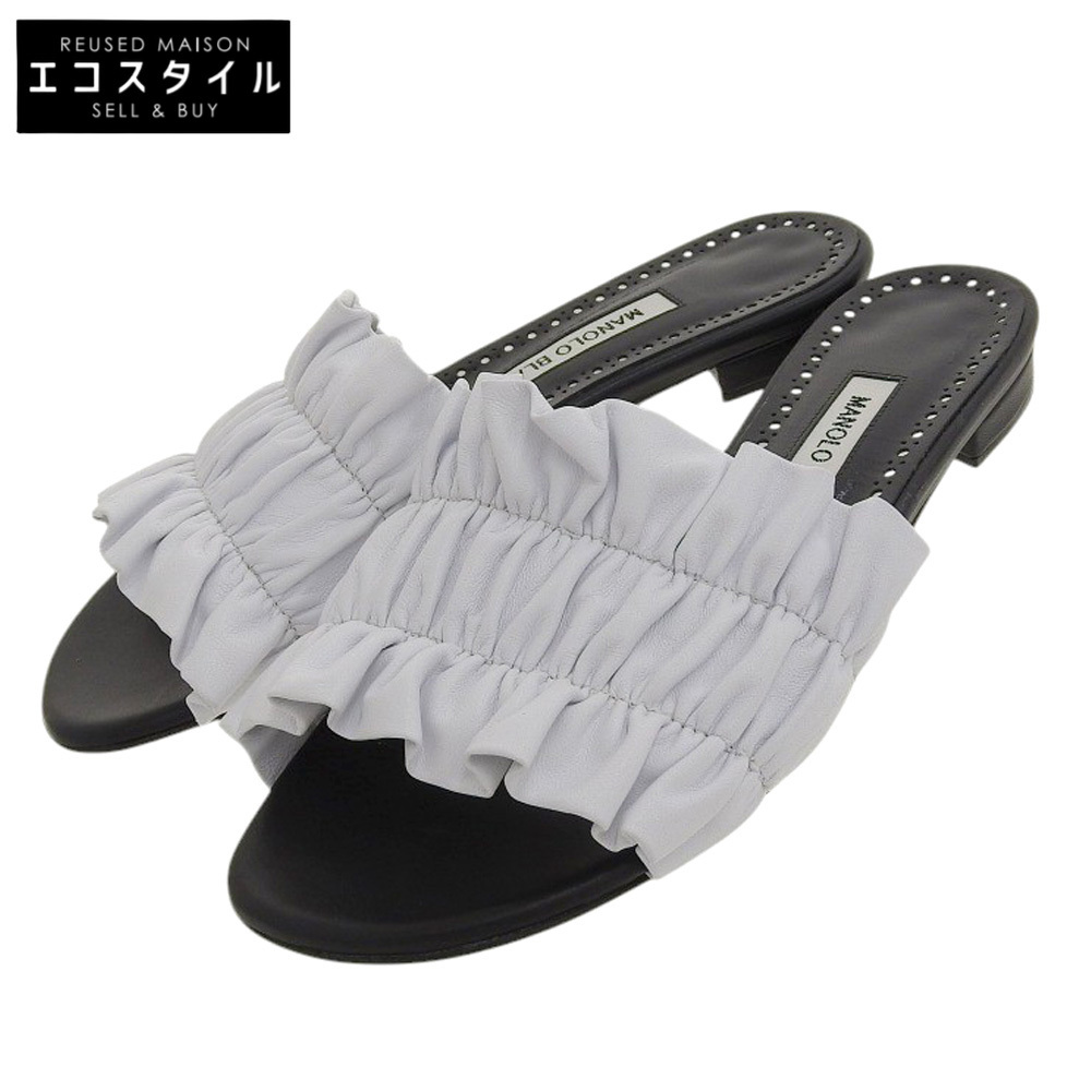 美品 Manolo Blahnik マノロブラニク RUFAS ギャザー フラット サンダル シューズ レディース ホワイト×ブラック 36拍卖