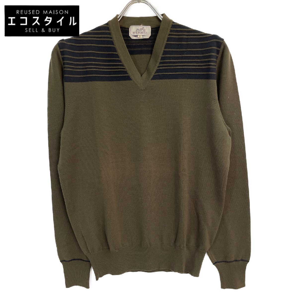 HERMES エルメス カーキ ショルダーボーダー Vネックセーター カーキ ブラック S トップス ウール レディース 中古拍卖