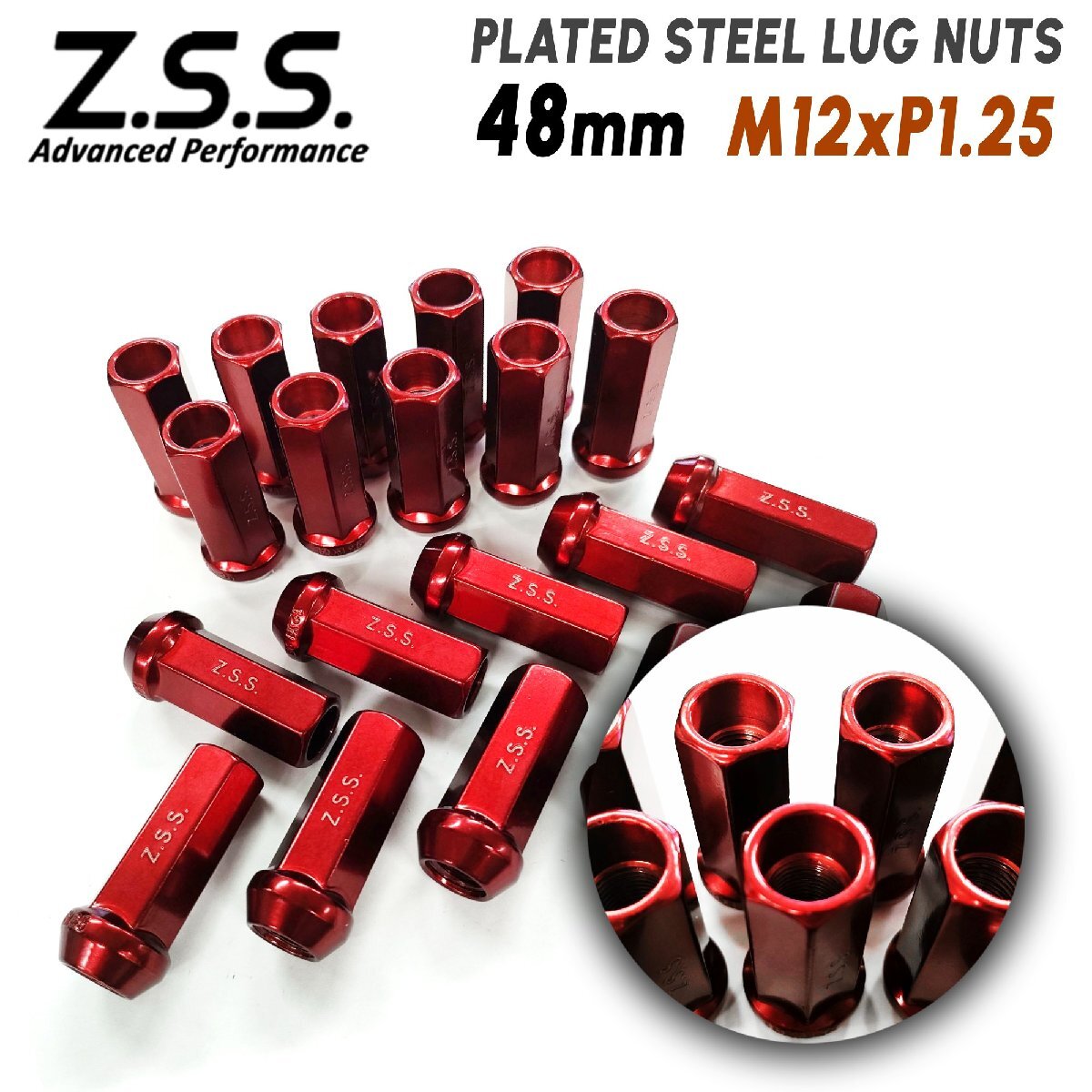 Z.S.S. AP 48mm 貫通 ホイールナット 防錆 レッド 赤メッキ処理済 M12xP1.25 20個セット スチール製 ナット 日産 スバル スズキ Nuts ZSS拍卖