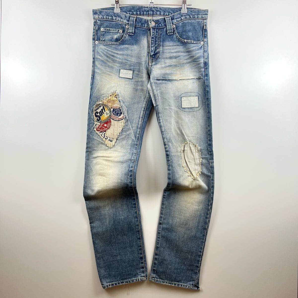 T.M.T. BIG HOLYDAY damage crush denim pants M 32 japan ティーエムティー ダメージ加工 デニムパンツ ワッペン ジーンズ ハチノス拍卖