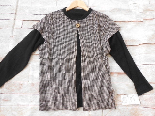 LA10◆peal【M-Lサイズ】長袖ニットソー 異素材薄手セーター 重ね着風 こげ茶色 ギンガムチェック 新品未使用拍卖