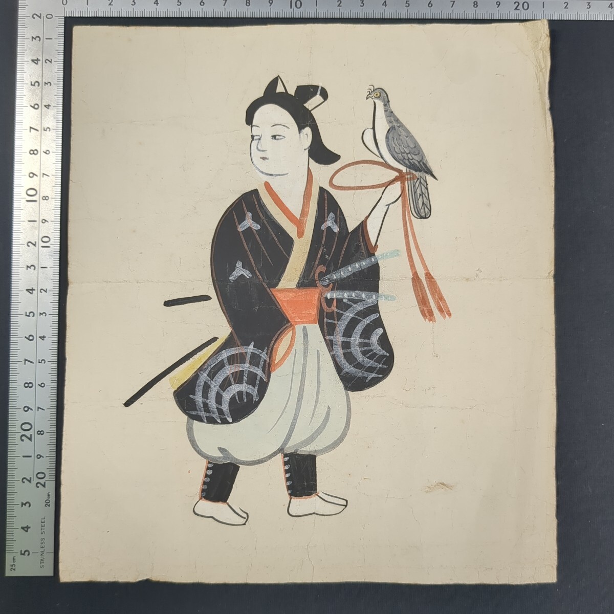a134)古い肉筆の大津絵 鷹匠 浮世絵 日本美術 日本画 和紙 人物画 動物画拍卖