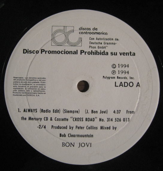 グアテマラ盤プロモ白ラベル BON JOVI / ALWAYS拍卖