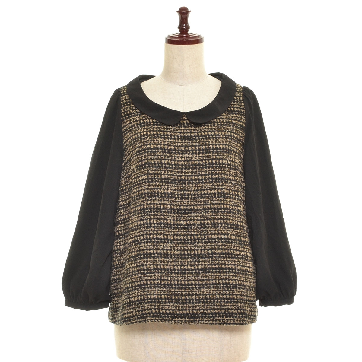 □400905 gaminerie ギャミヌリィ ジュン ○ツイード切替ブラウス カットソー サイズM ウール混 レディース ブラック ベージュ拍卖