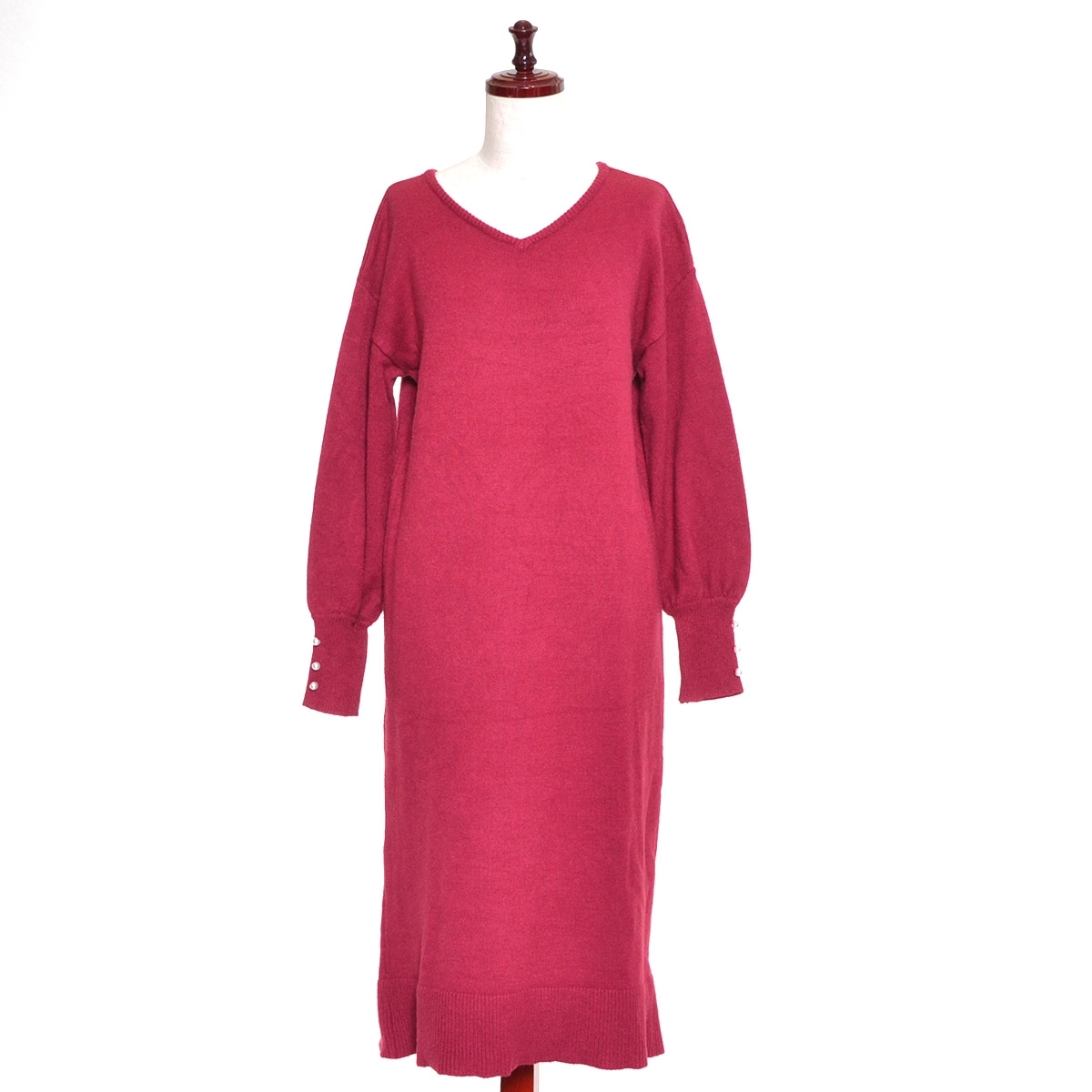 □492026 HUSHUSH ハッシュアッシュ ロングワンピース ○パール調スリーブニットOP パフスリーブ Vネック サイズM レディース ボルドー拍卖