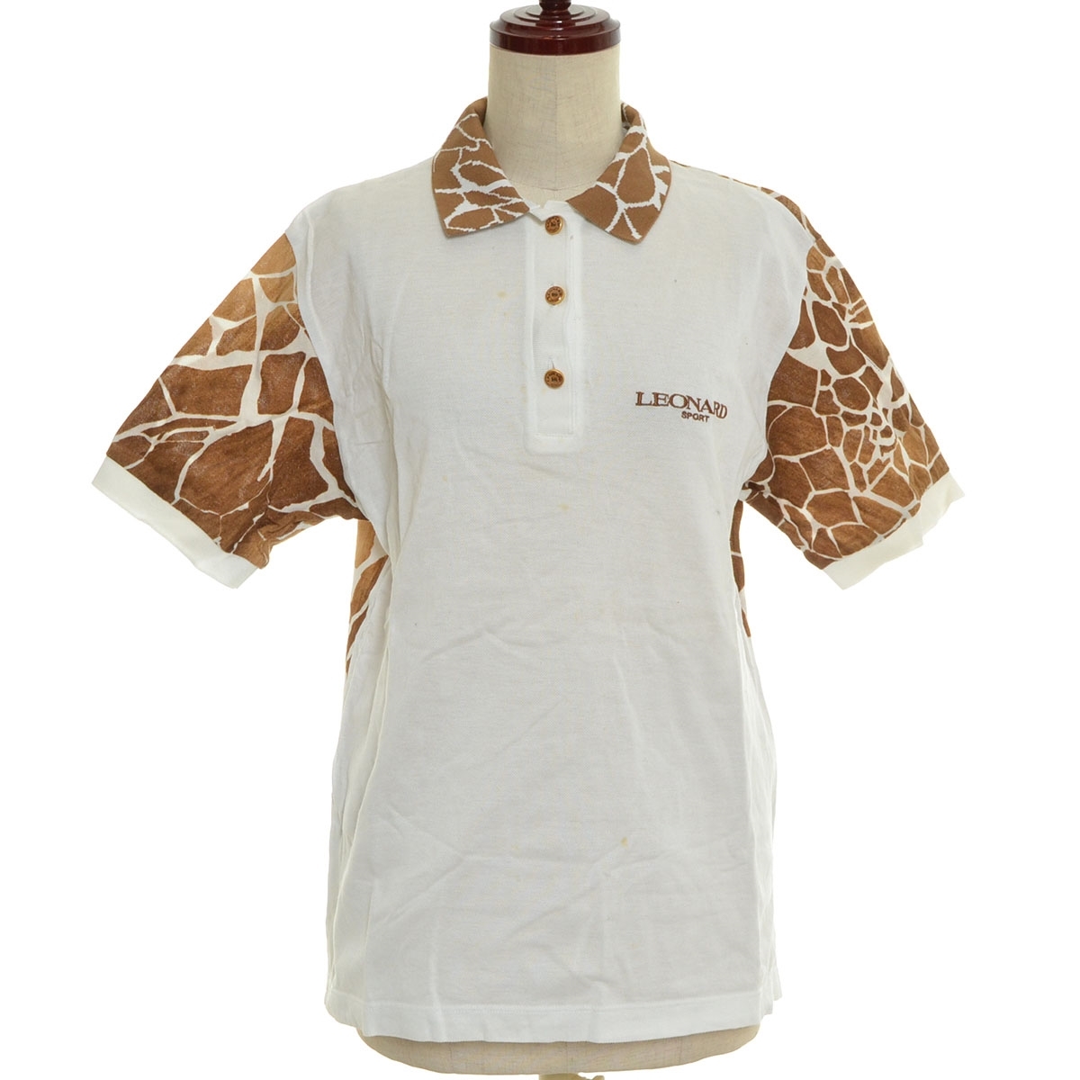 □533366 LEONARD レオナール ○半袖ポロシャツ キリン柄ポロ サイズL レディース 日本製 ホワイト ブラウン拍卖