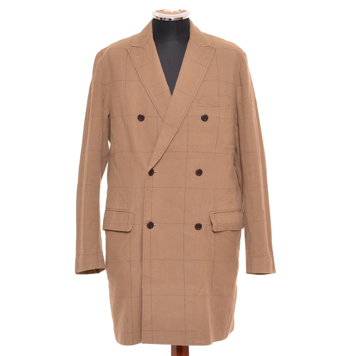 ●466986 【値下げ】nest robe CONFECT ○ダブルブレストコート ウィンドウペンチェック サイズ4 コットンリネン メンズ 日本製 ベージュ拍卖