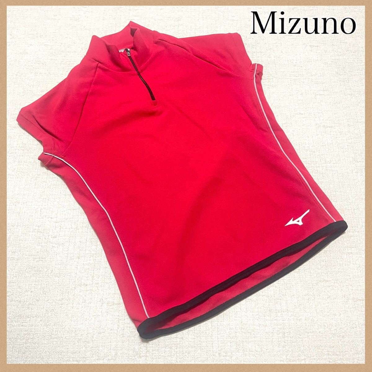 Mizuno ミズノ 半袖 ジップアップ トップス スポーツウェア 赤 レッド ハーフジップ M拍卖