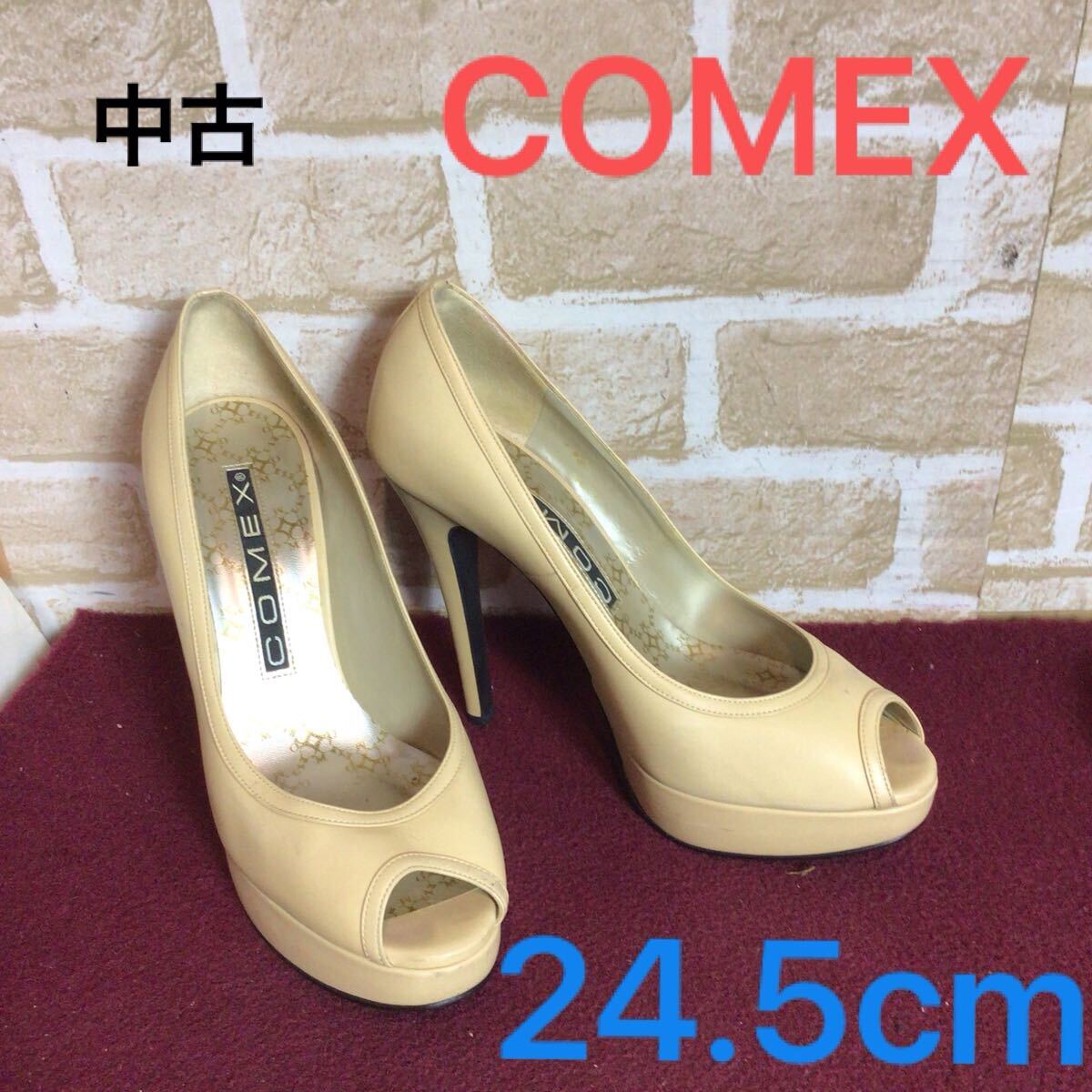 【売り切り!送料無料!】A-334 COMEX!パンプス!24.5cm!ベージュ!ハイヒール!オープントゥパンプス!天然皮革!日本製!おしゃれ!中古!拍卖