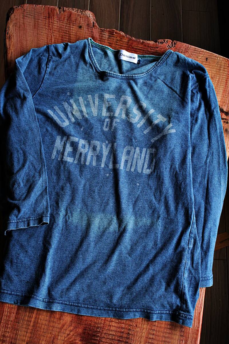 DENIME/ドゥニーム★/ 藍染めプリント七分袖TシャツL インディゴ★RESOLUTEリゾルト★45RPM★REDWAY ATHLETICS拍卖