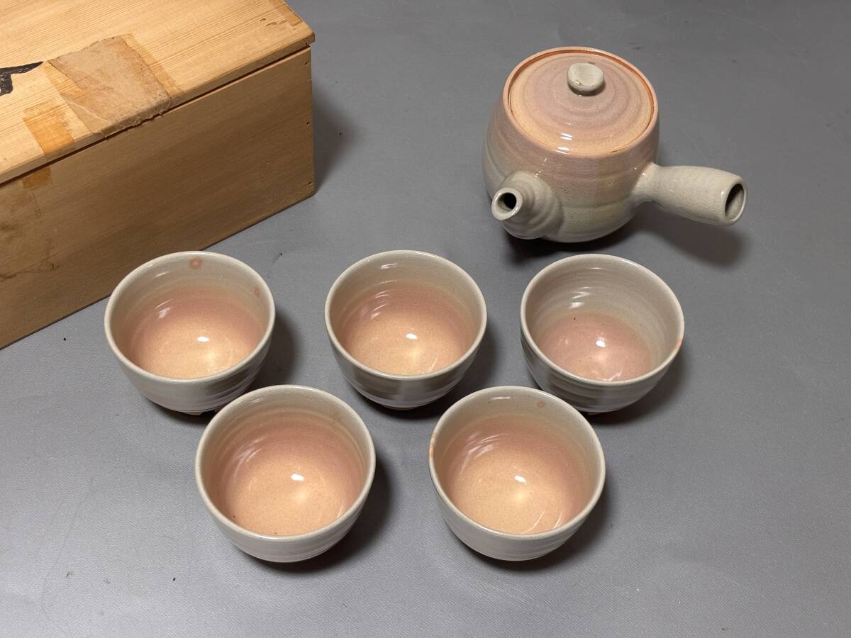 d4114◆箱入り未使用◆萩焼 泰山窯 茶器揃 急須/湯呑5◆湯呑口径8cm高さ6㎝拍卖