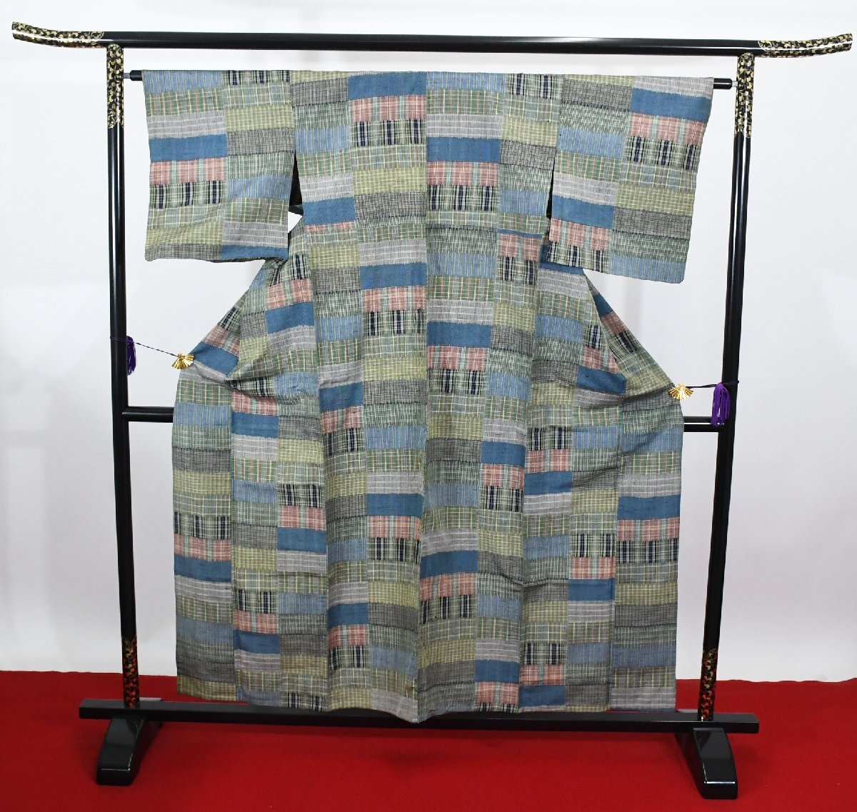 紬 つむぎ 格子 単衣 身丈150cm 裄丈63cm ★着物 pb-3501 桜庭呉服店拍卖