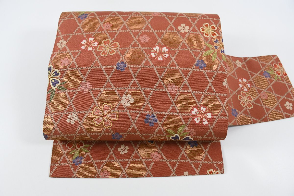 名古屋帯 網目文 花 帯丈378cm ★着物屋 ne-14955 桜庭呉服店拍卖