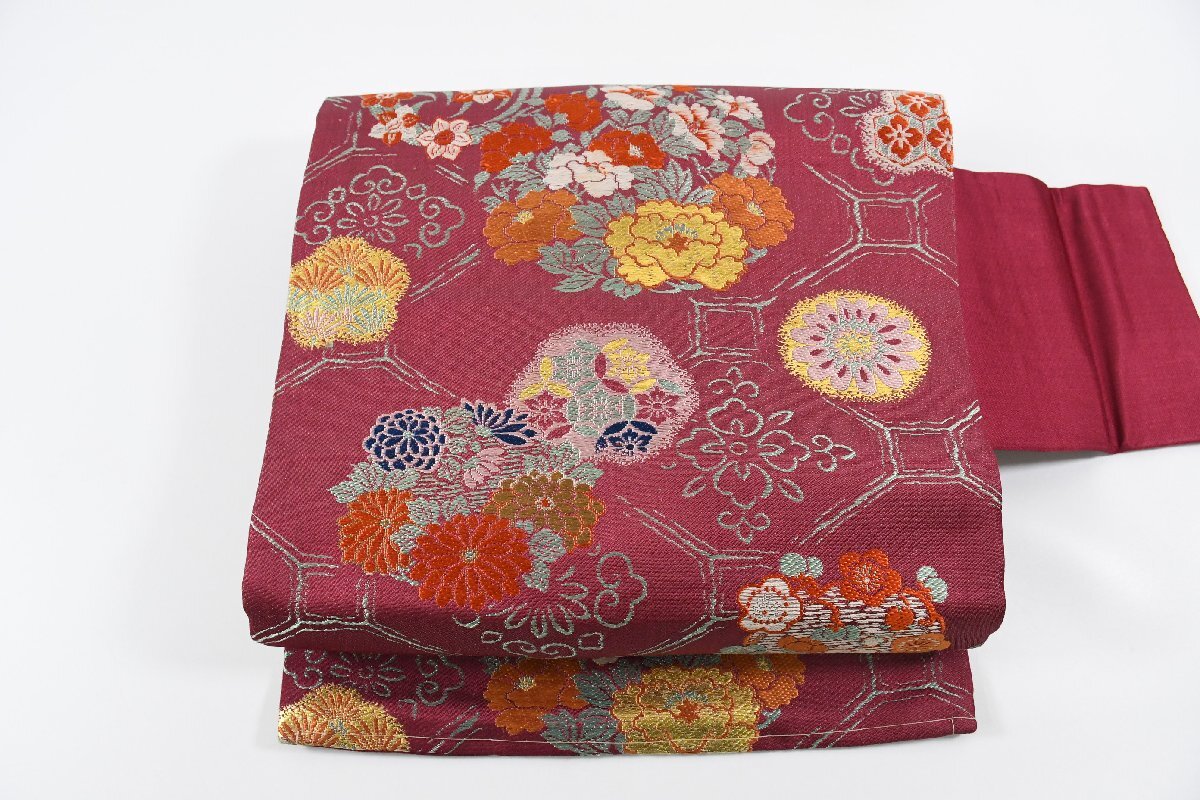 名古屋帯 アンティーク 花 帯丈328cm ★着物屋 ne-14993 桜庭呉服店拍卖