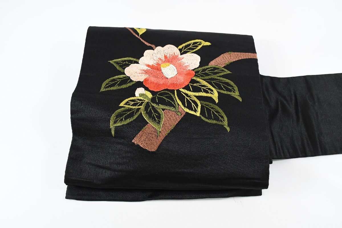 名古屋帯 アンティーク 刺繍 花 椿 帯丈309cm ★着物屋 ne-15019 桜庭呉服店拍卖