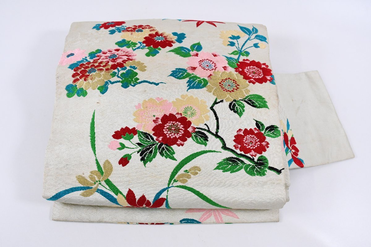 名古屋帯 アンティーク 秋草 花 帯丈338cm ★着物屋 ne-15063 桜庭呉服店拍卖