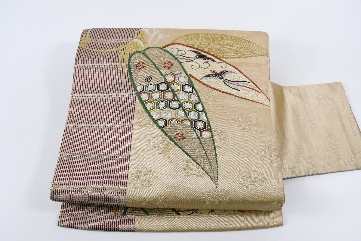 名古屋帯 アンティーク 笹 花 帯丈336cm ★着物屋 ne-15066 桜庭呉服店拍卖