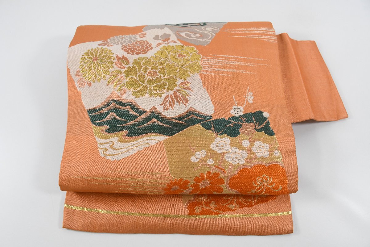 名古屋帯 アンティーク 色紙文 花 帯丈350cm ★着物屋 ne-15109 桜庭呉服店拍卖
