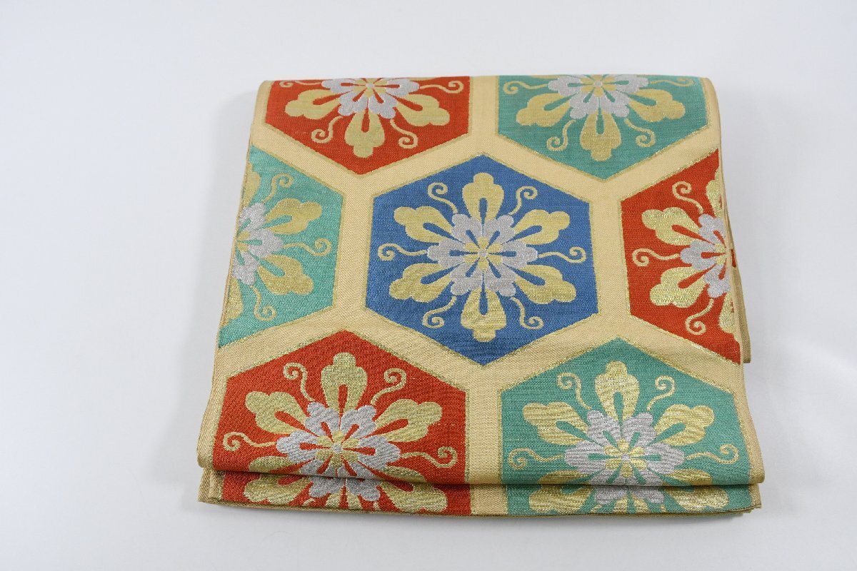 袋名古屋帯 未仕立て 六通柄 アンティーク 亀甲 帯丈410cm ★着物屋 ne-15492 桜庭呉服店拍卖