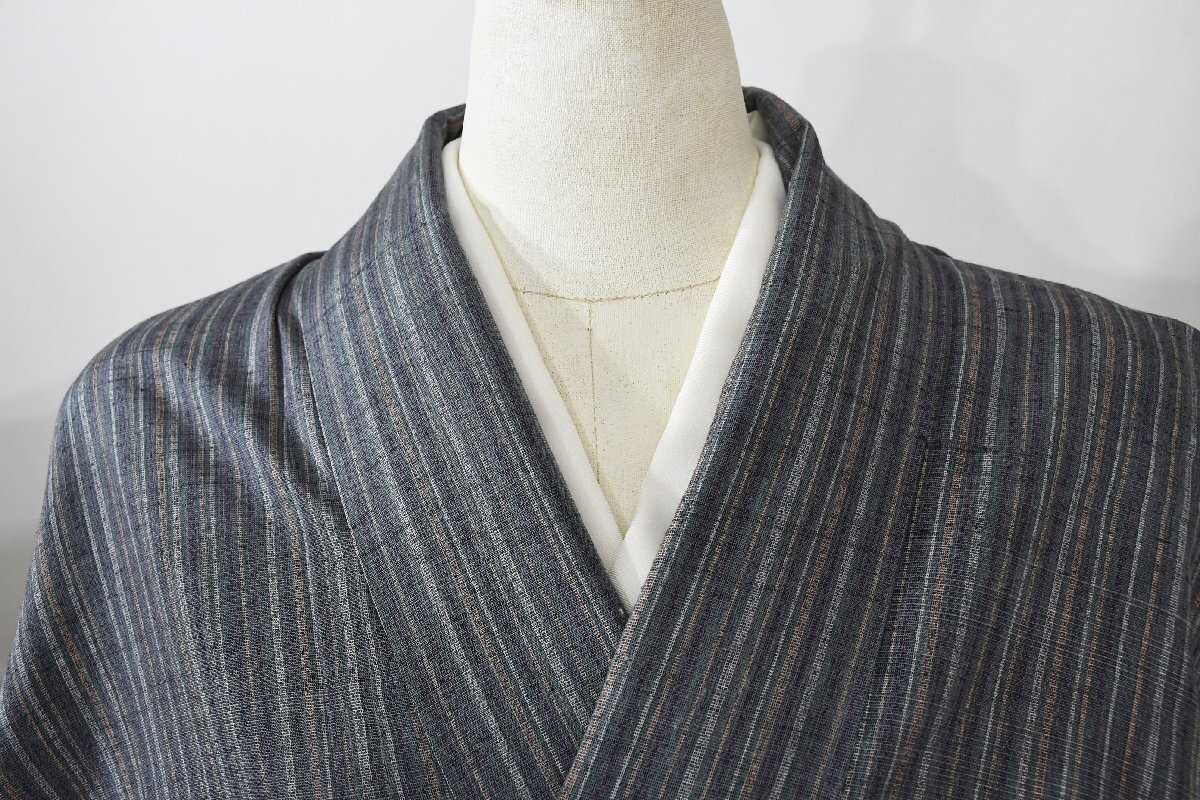 紬 つむぎ 縞々 正絹 単衣 身丈154cm 裄丈66cm ★着物 pb-3728 桜庭呉服店拍卖