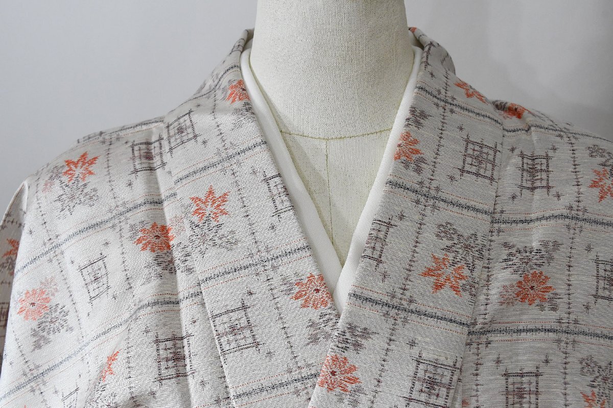 紬 つむぎ 紅葉 楓 菊花 格子 絣 単衣 身丈150cm 裄丈65cm ★着物 pb-3474 桜庭呉服店拍卖