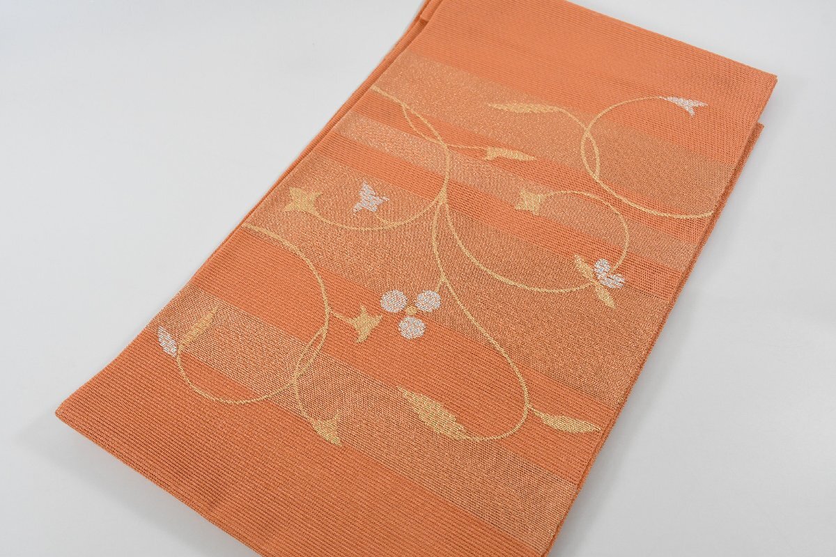 袋帯 夏帯 お太鼓柄 花 金糸 帯丈442cm ★着物屋 ne-15941 桜庭呉服店拍卖