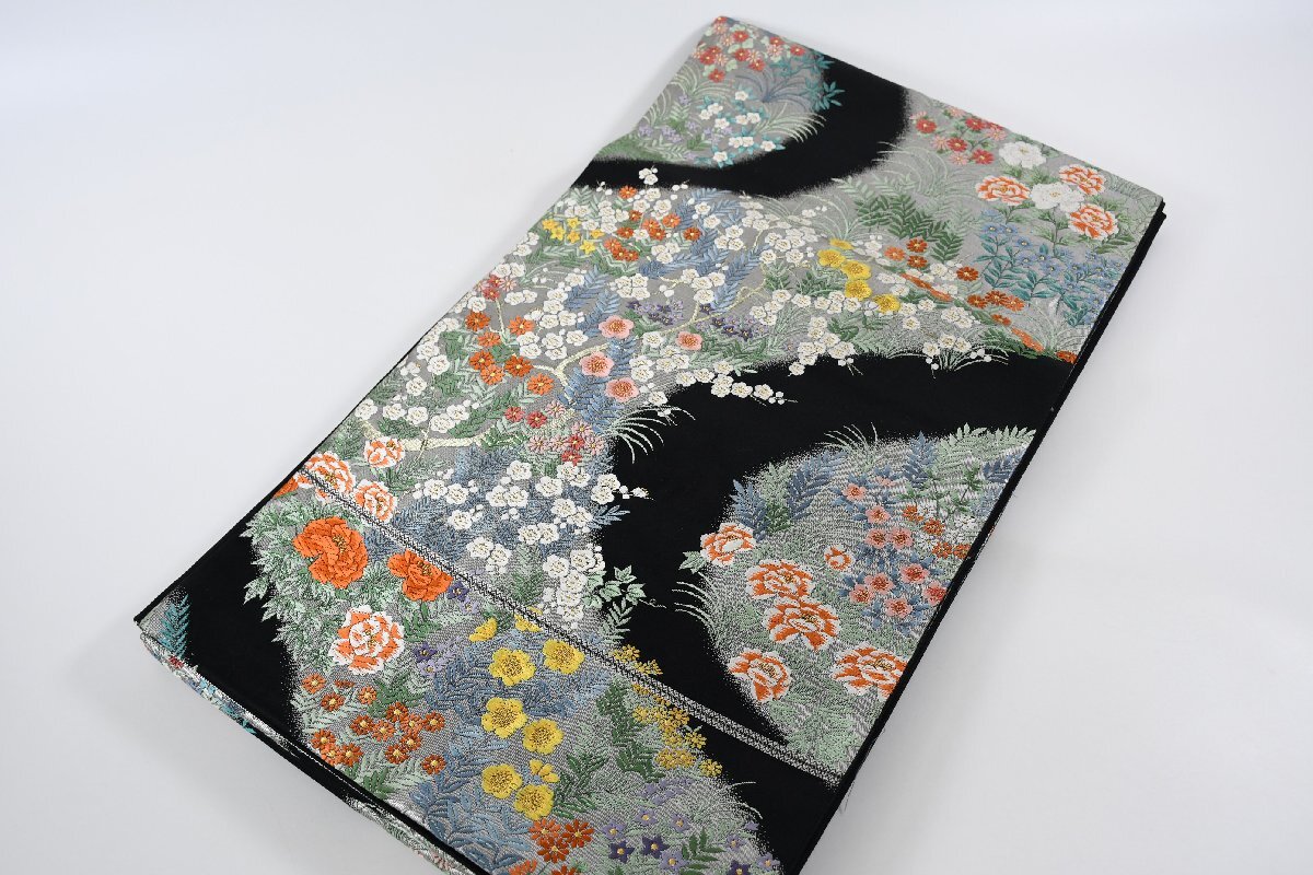 袋帯 六通柄 流水 秋草 花 帯丈428cm ★着物屋 ne-13647 桜庭呉服店拍卖