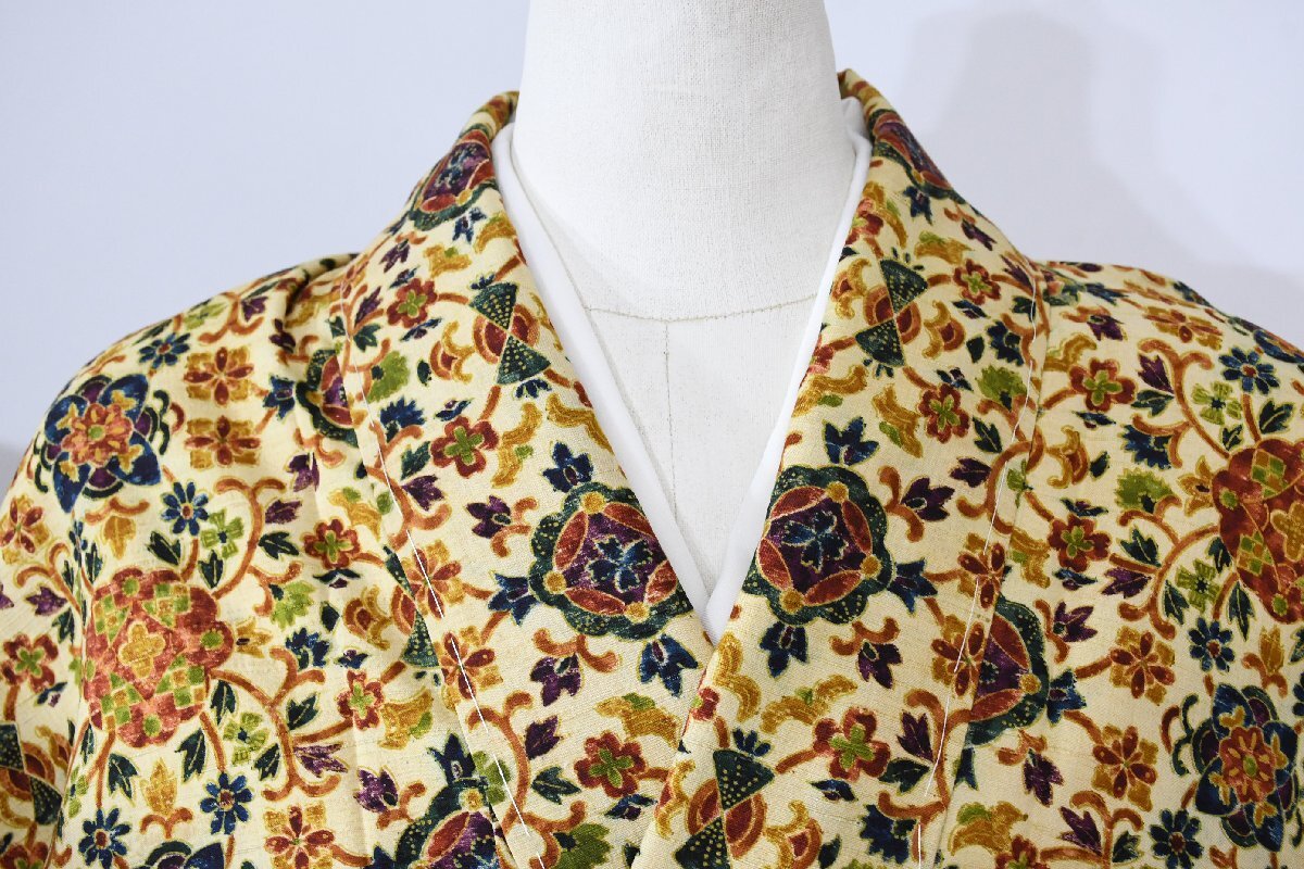 紬 つむぎ 和更紗 染 手染め 身丈154cm 裄丈67cm ★着物 pb-3490 桜庭呉服店拍卖